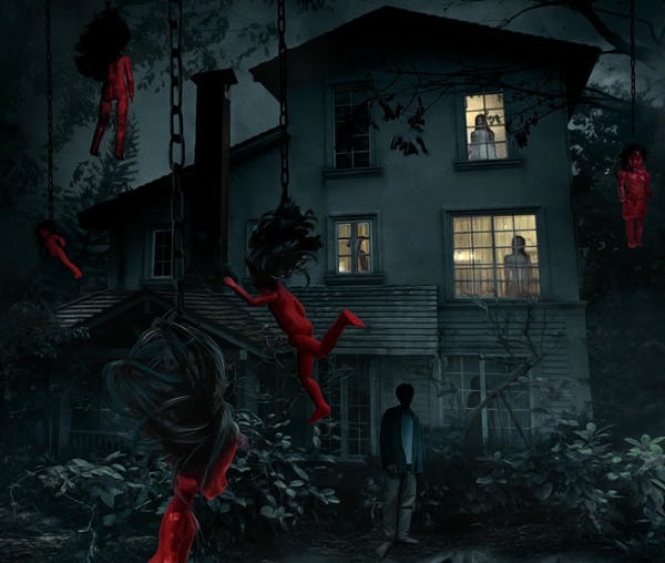 Creepy house with hanging dolls from "Đồi hành xác Tà thuyết đen trở lại".